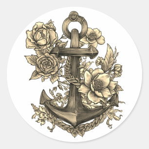 "Anchor and Roses" Classic Round Sticker
