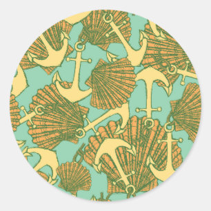 Anchor And Shells In Vintage Style Pattern Classic Round Sticker