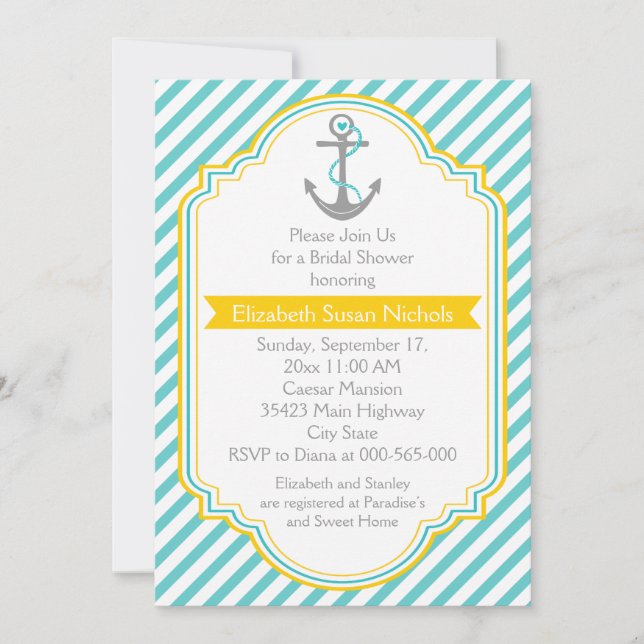 Anchor aqua, yellow nautical wedding bridal shower invitation (Front)