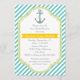 Anchor aqua, yellow nautical wedding bridal shower invitation