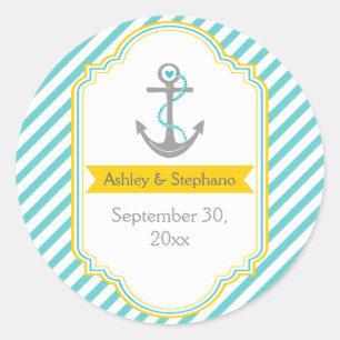 Anchor aqua, yellow nautical wedding Save the Date Classic Round Sticker