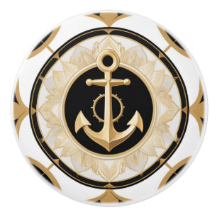 Anchor Art Deco Black White and Gold Nautical Ceramic Knob