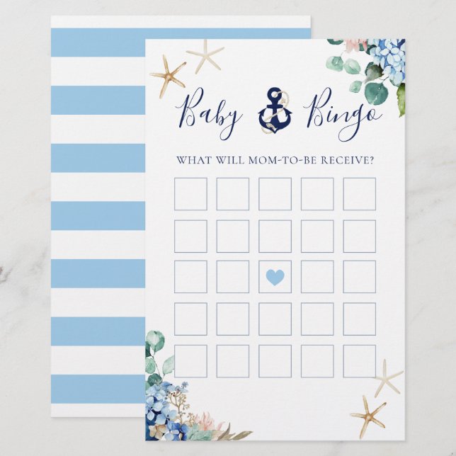Anchor Beach Nautical Floral Baby Shower Bingo (Front/Back)