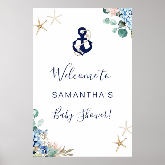 Anchor Beach Nautical Floral Baby Shower Welcome Poster (Front)