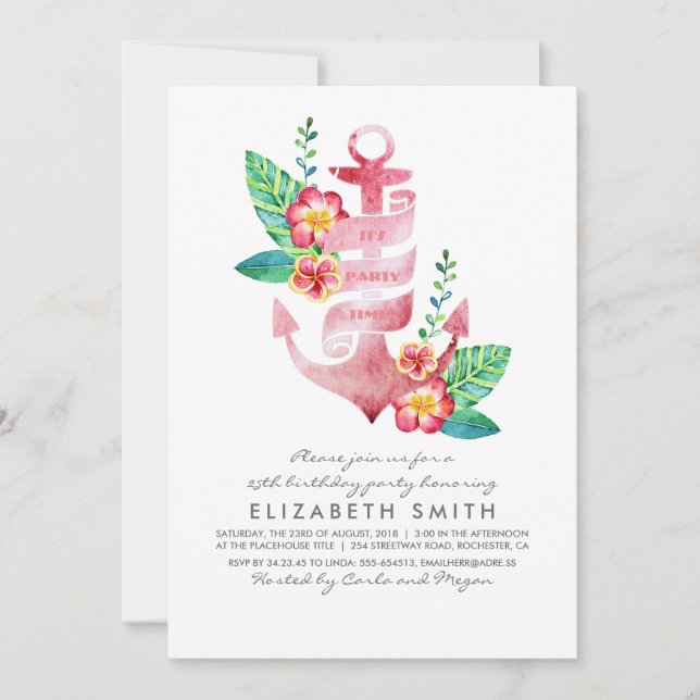 Anchor Beach Nautical Tropical Birthday Party Invitation (Front)