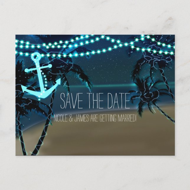 Anchor Beach + Palm Trees Save The Date Postcard (Front)