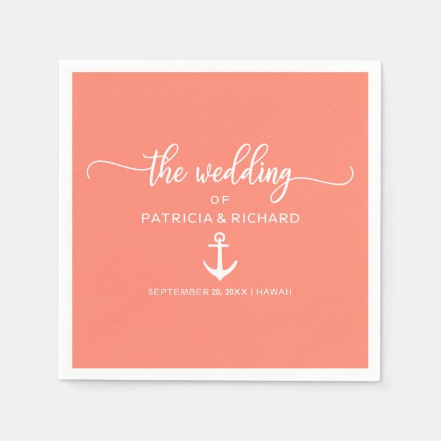 Anchor Beach Wedding Coral and White Napkin (Front)