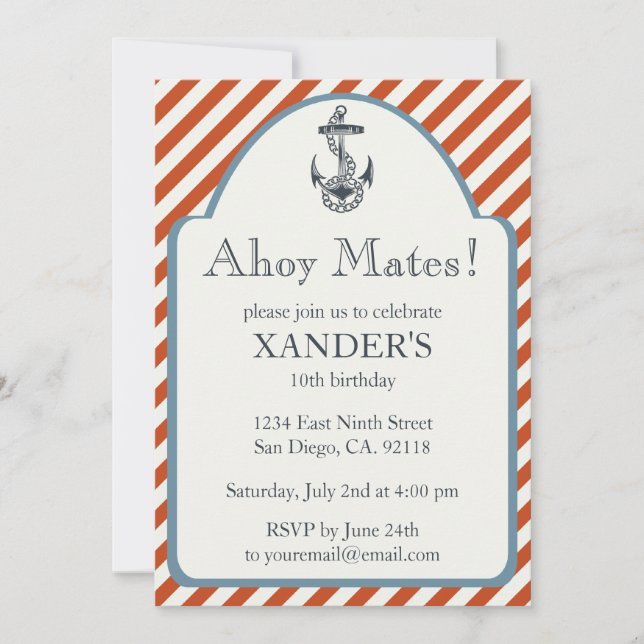 Anchor Birthday Party Invitations Nautical Theme (Front)