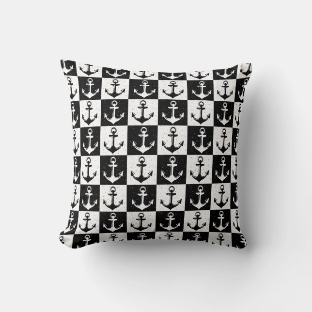 Anchor Black White Chequered Block Pattern Cushion (Front)