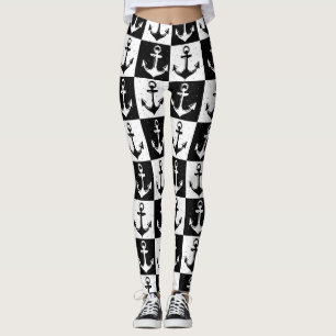 Anchor Black White Chequered Block Pattern Leggings