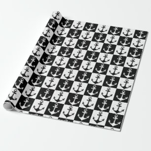Anchor Black White Chequered Block Pattern Wrapping Paper