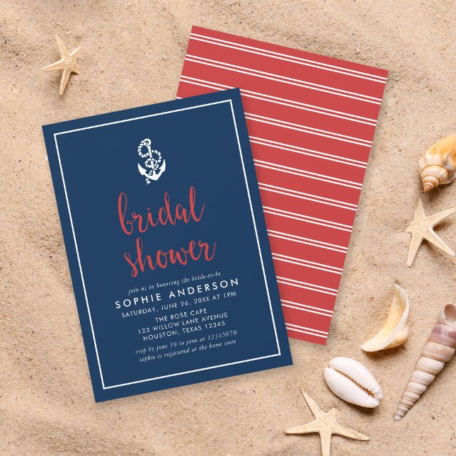 Anchor Blue and Red Script Bridal Shower Invitation (Creator Uploaded)