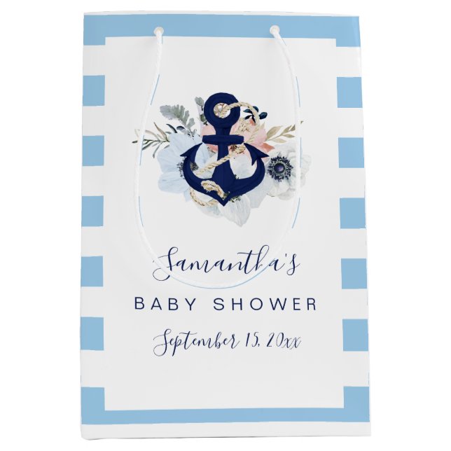 Anchor Blue Beach Nautical Floral Baby Shower Medium Gift Bag (Front)