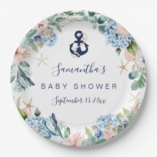 Anchor Blue Beach Nautical Floral Baby Shower Paper Plate