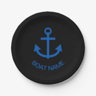 Anchor Blue Personalised Your Boat Name Black Paper Plate