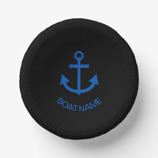 Anchor Blue Personalised Your Boat Name Black Paper Plate (Front)
