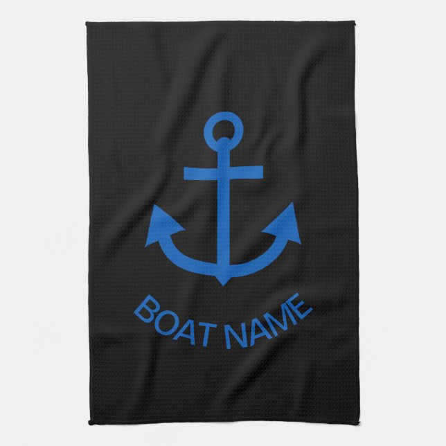 Anchor Blue Personalised Your Boat Name Black Tea Towel (Vertical)