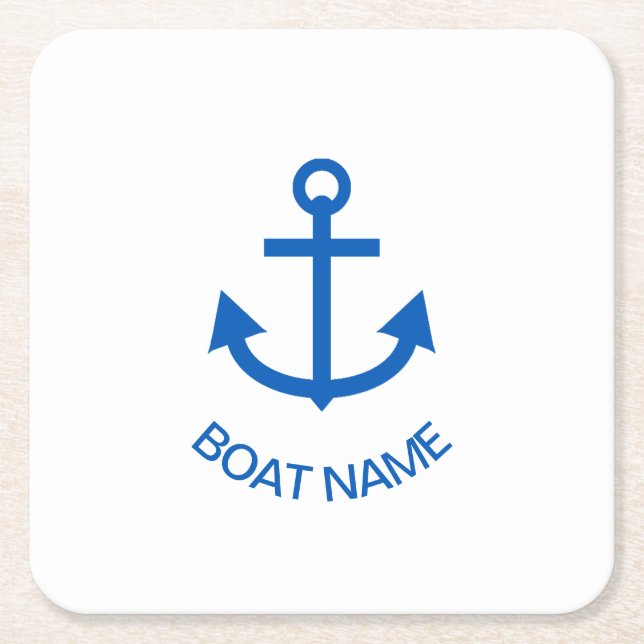 Anchor Blue Personalised Your Boat Name Square Paper Coaster (Front)