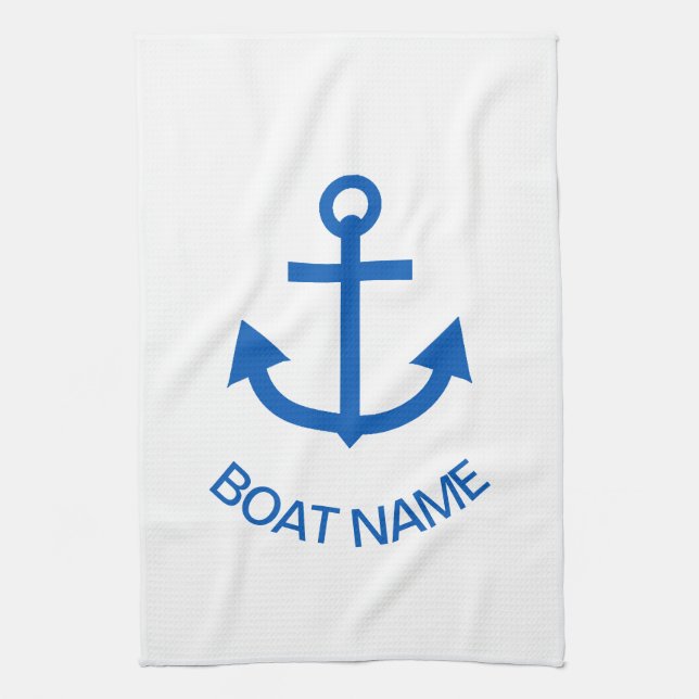 Anchor Blue Personalised Your Boat Name White Tea Towel (Vertical)