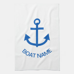 Anchor Blue Personalized Your Boat Name White Tea Towel