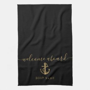 Anchor Boat Name Black And Gold Welcome Aboard Tea Towel