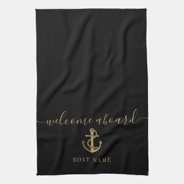 Anchor Boat Name Black And Gold Welcome Aboard Tea Towel (Vertical)