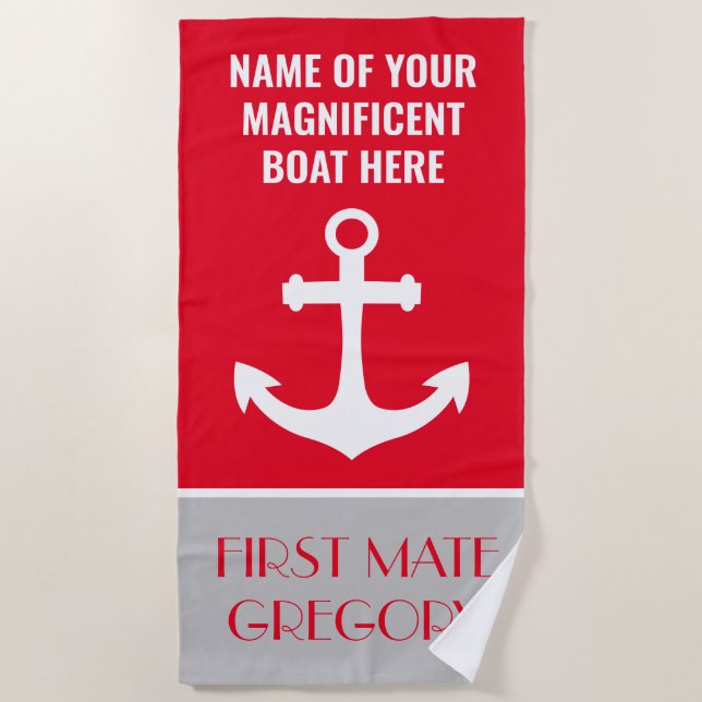 Anchor Boat Name Personalised Nautical Beach Towel (Front)