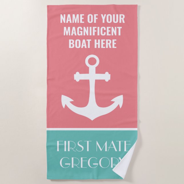 Anchor Boat Name Personalised Nautical Beach Towel (Front)