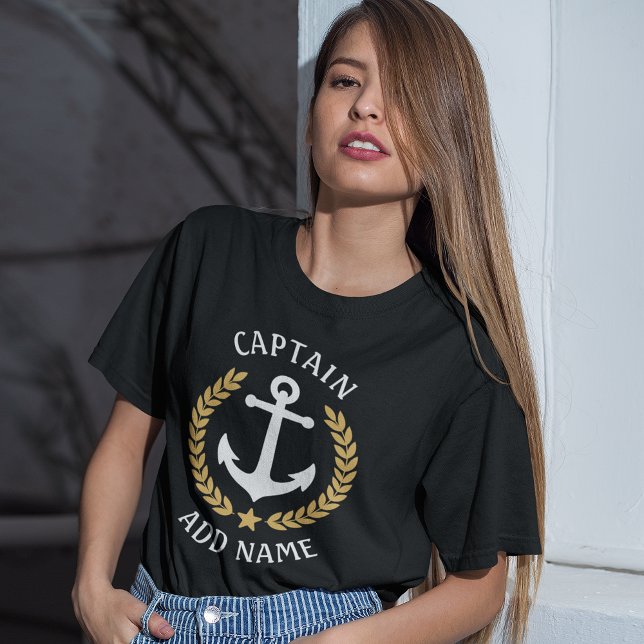 Anchor Boat or Captain Name Gold Laurel Star Black T-Shirt (Creator Uploaded)