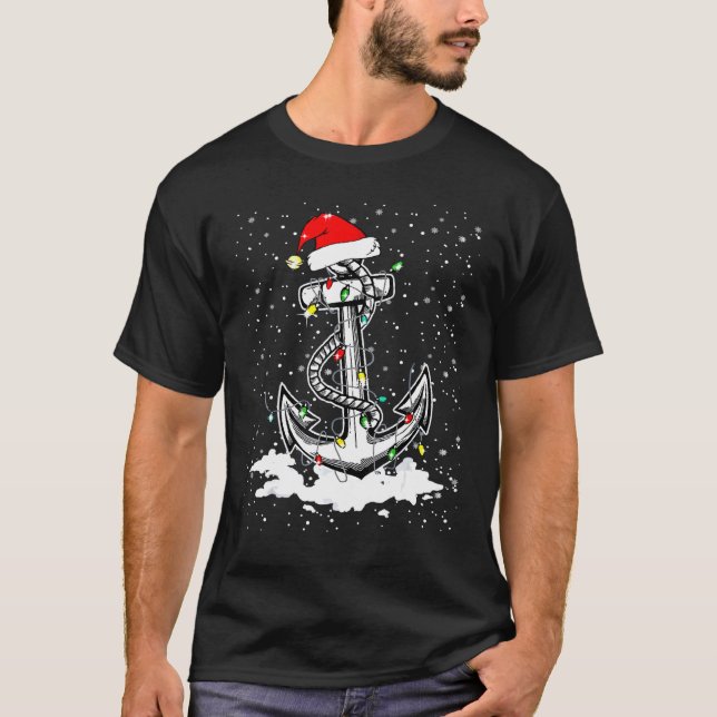 Anchor Boating Sailing Christmas Tree Lights Santa T-Shirt (Front)