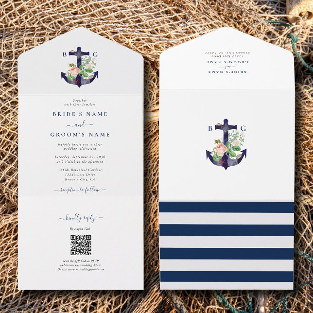 Anchor Botanical Floral Nautical Summer Wedding All In One Invitation (Anchor Botanical Floral Nautical Summer Wedding All In One Invitation)