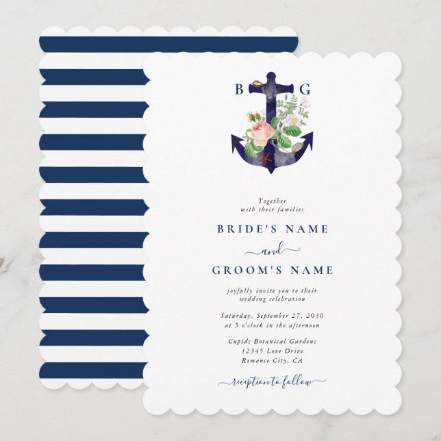 Anchor Botanical Floral Nautical Summer Wedding Invitation (Front/Back)