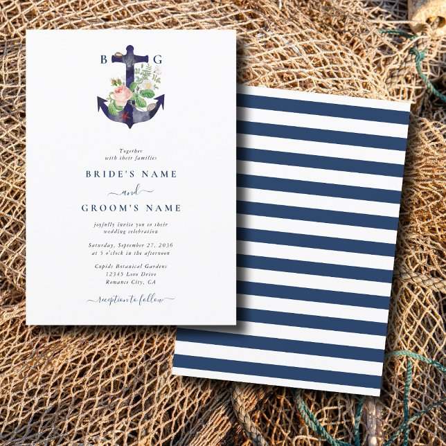 Anchor Botanical Floral Nautical Summer Wedding Invitation (Anchor Botanical Floral Nautical Summer Wedding Invitation)