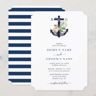 Anchor Botanical Floral Nautical Summer Wedding Invitation