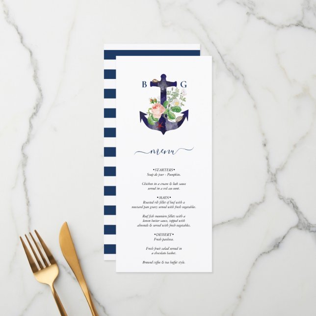 Anchor Botanical Floral Nautical Summer Wedding Menu (Front/Back In Situ)