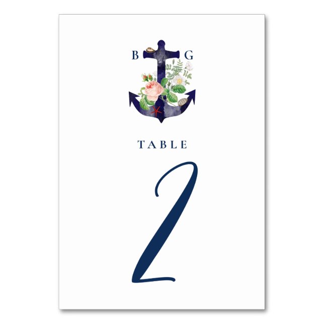 Anchor Botanical Floral Nautical Summer Wedding Table Number (Front)
