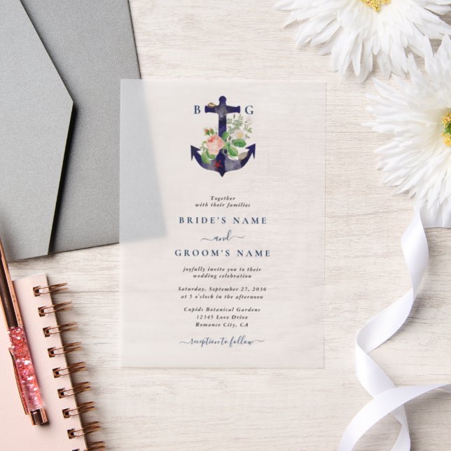 Anchor Botanical Floral Nautical Summer Wedding Vellum Invitations (Wedding)