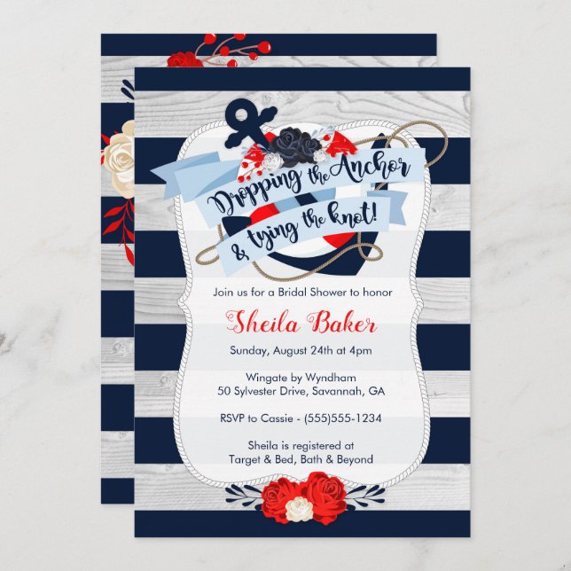 Anchor Bridal Shower Invitation - Nautical Navy (Front/Back)