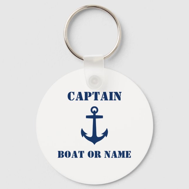 Anchor Captain Add Name or Boat Name Navy & White Key Ring (Front)