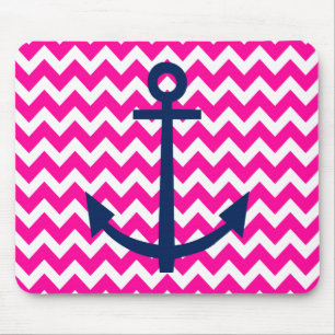 Anchor Chevron Nautical Pink and Navy Mouse Mat