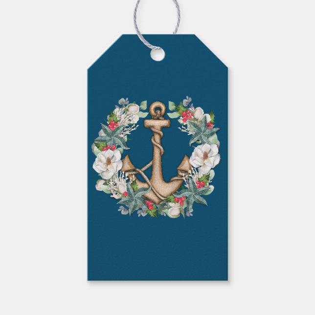 Anchor & Christmas Wreath | Dark Teal Gift Tag (Front)