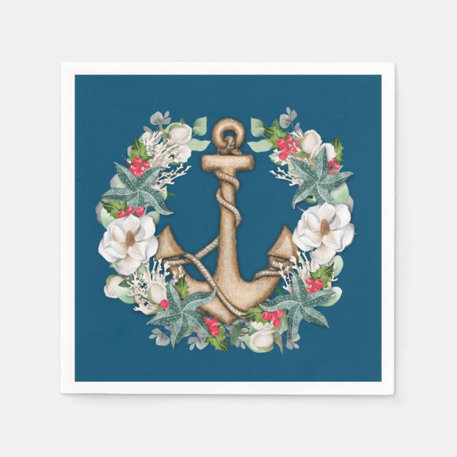 Anchor & Christmas Wreath | Dark Teal Napkin (Front)