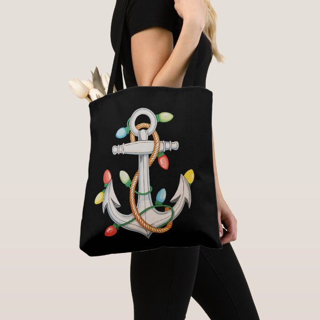 Anchor Christmas Xmas Lights Sailing Cruise Boat Tote Bag (Close Up)