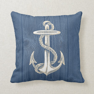 Anchor Cream Vintage Blue Wood Pillow