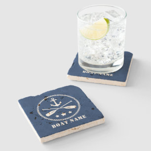 Anchor & Crossed Oars With Your Boat Name on Blue Stone Coaster