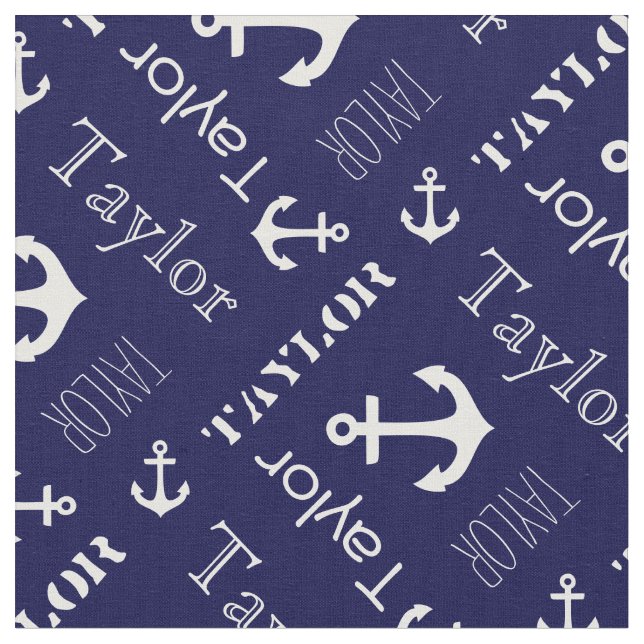 Anchor custom name navy blue nautical text fabric (Close Up)