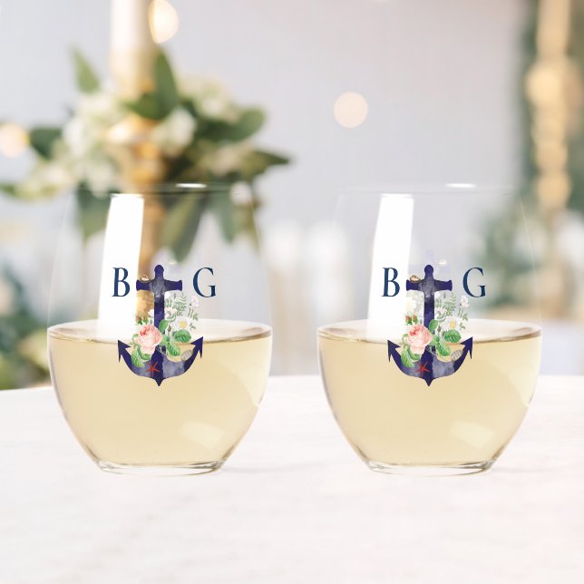 Anchor Floral Nautical Summer Wedding Favour Stemless Wine Glass (Insitu (Wedding))