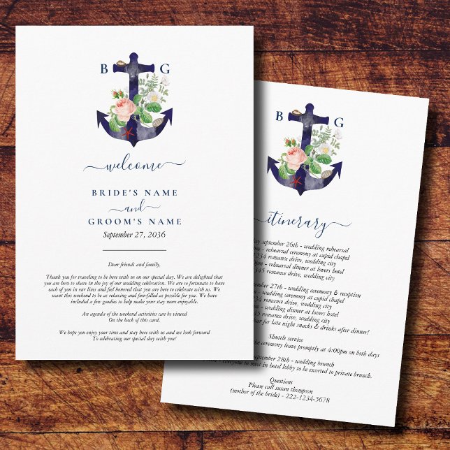 Anchor Floral Nautical Summer Wedding Itinerary Programme (Anchor Floral Nautical Summer Wedding Itinerary Program)