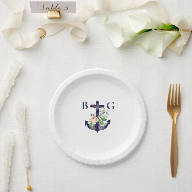 Anchor Floral Nautical Summer Wedding  Paper Plate (Wedding)