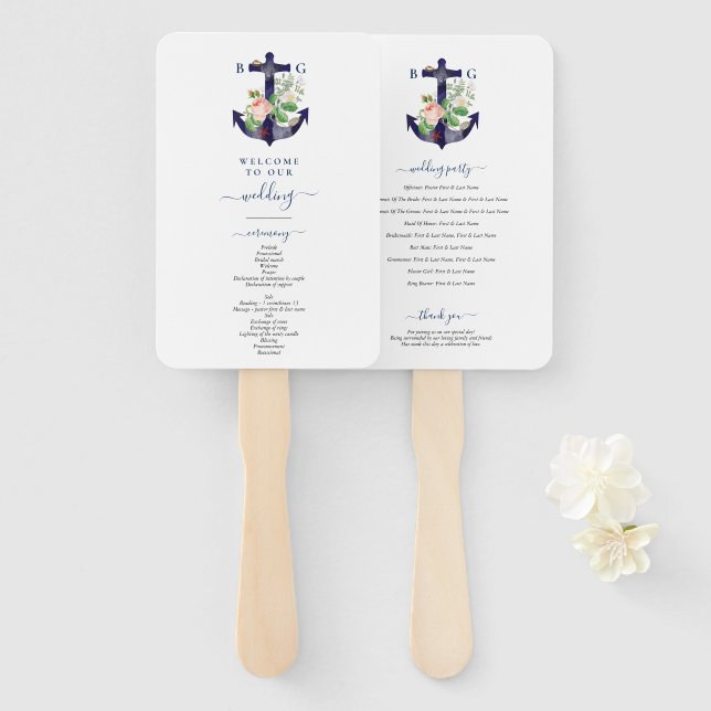 Anchor Floral Nautical Summer Wedding Program Hand Fan (Front and Back)
